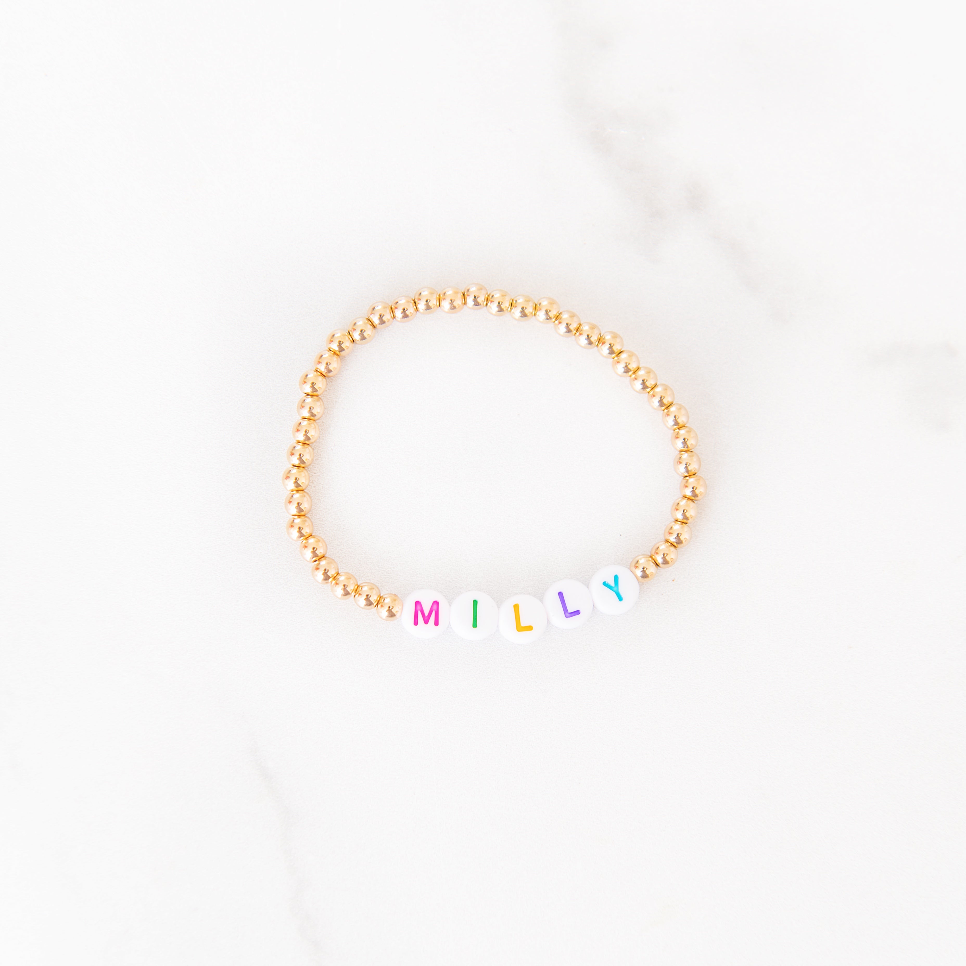 Personalized 4 mm Gold Beaded Rainbow Letter Bracelet Youth - 6 Inches